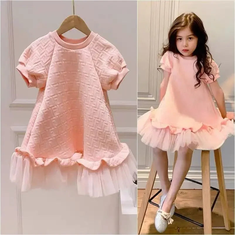 Girls Fashion Pink Princess Dress Kids Summer Puff Sleeve Casual Dresses Children Korean Style Mesh Clothing Gift Lolita Dress