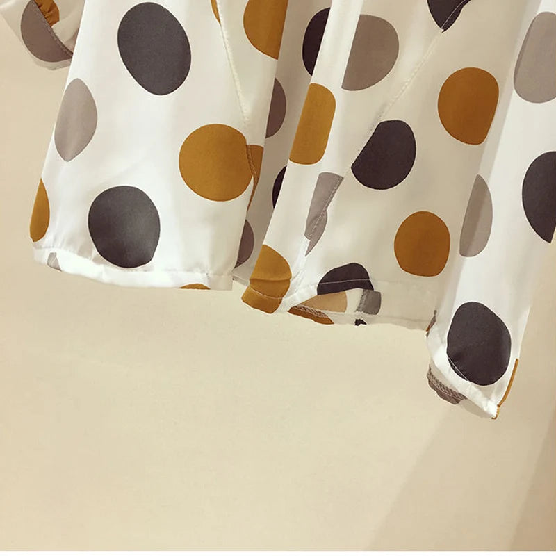 Oversize Summer Polka Dot Printed Chiffon Blouses Women Round Neck Patchwork Short Sleeve Shirt Off Shoulder Tops Female Clothes