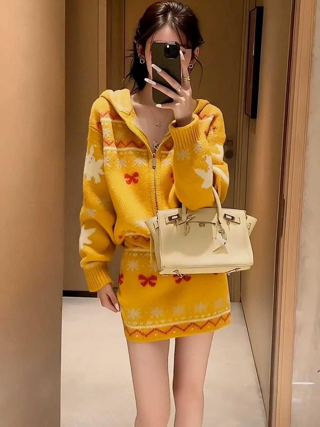 2026 New Yellow Knitted Set Women's Fashion Korean Style Long Sleeve Top And Half Skirt Two-Piece Suit Autumn Winter Ensemble