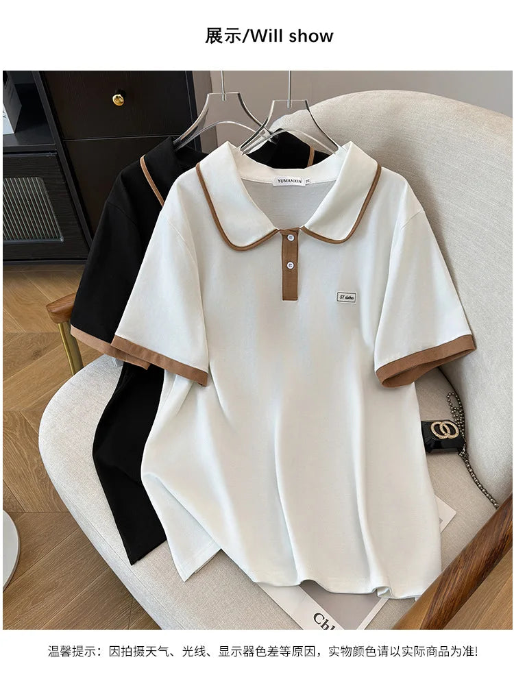 175Kg Plus Size Women's Bust 170 Summer Loose Lapel Top Short Sleeve T-Shirt Black White 6XL 7XL 8XL 9XL 10XL 11xl