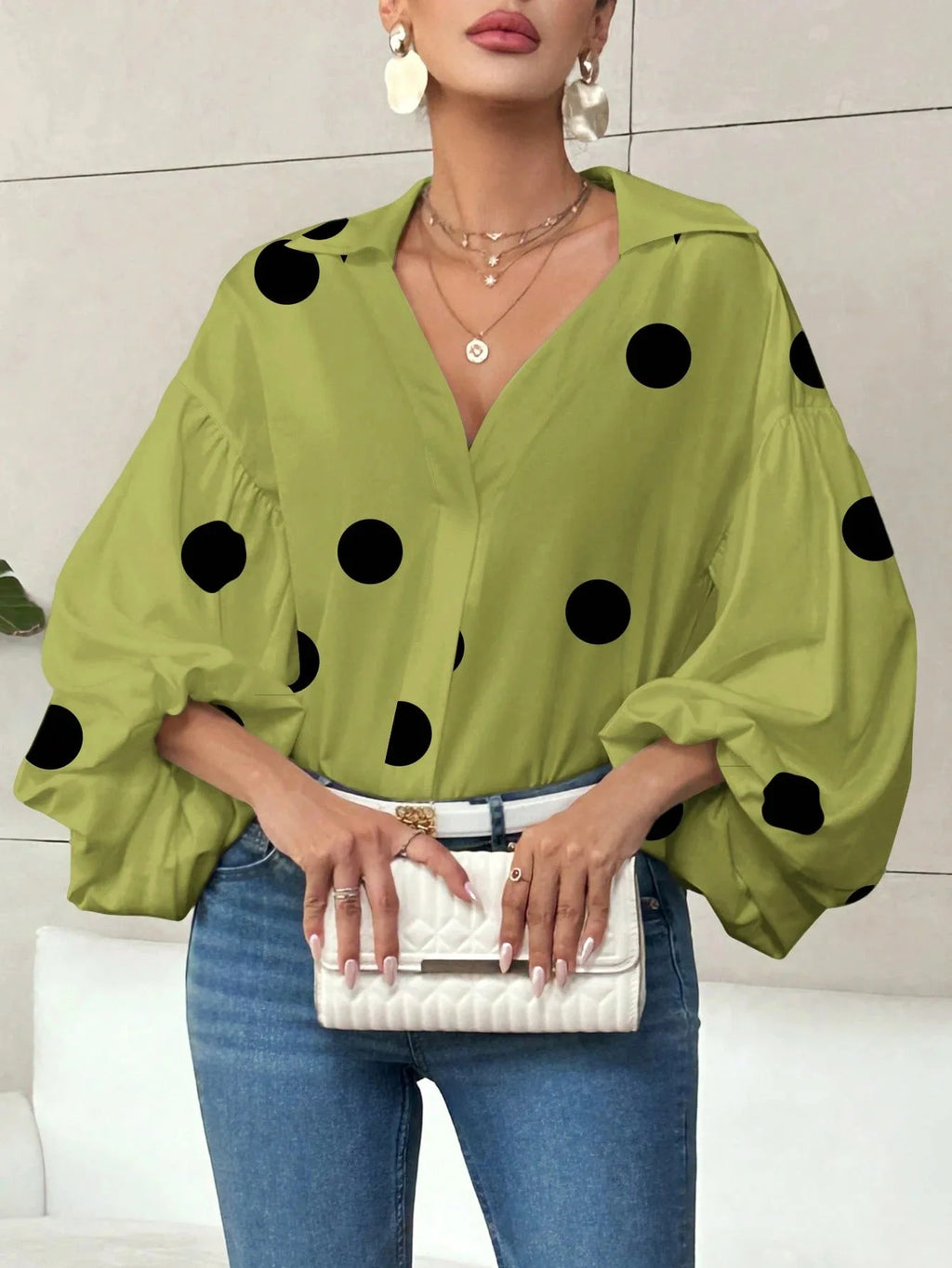 Boho Women's Blouses Spring Fall New Fashion French Polka Dot Half-neck Design Loose Puff Long-sleeve Top Casual Shirts Women