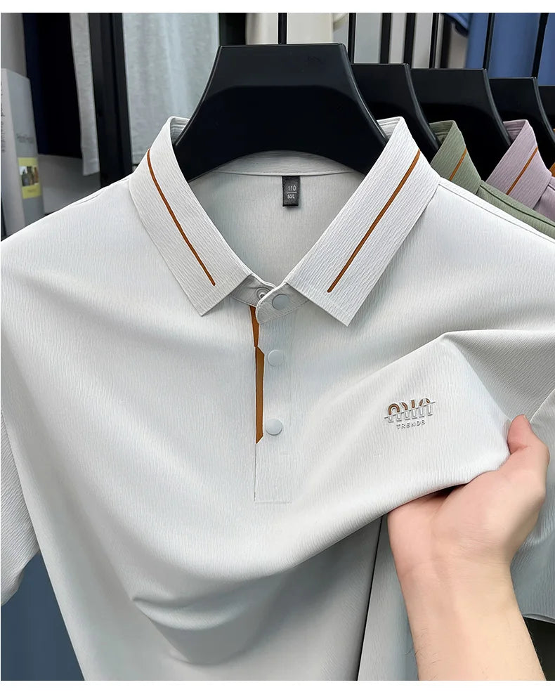 Luxury brand ice silk short sleeve polo shirt men's summer fashion letter embossed comfort breathable leisure high-end T-shirt