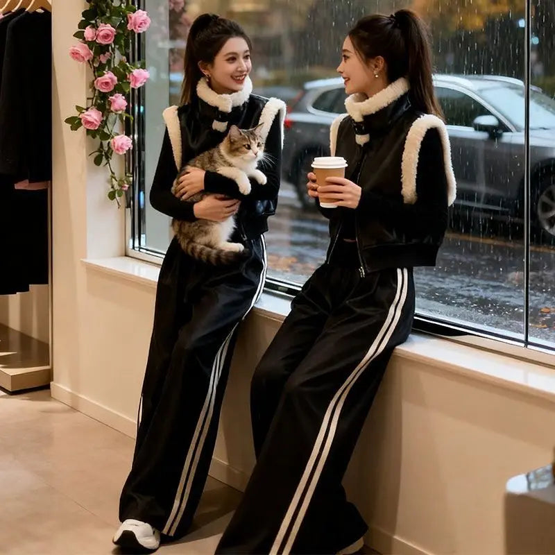 Autumn Winter Thickened Plush Patchwork Zipper Short Vest Women's High Waist Casual Wide Leg Pants Set Fashionable Cool