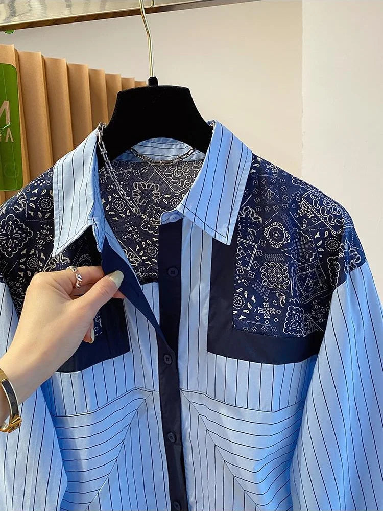 Chic Design Striped Long Sleeved Shirt Spring Autumn New Casual Retro Loose Shirts Versatile Women Fashion Tops