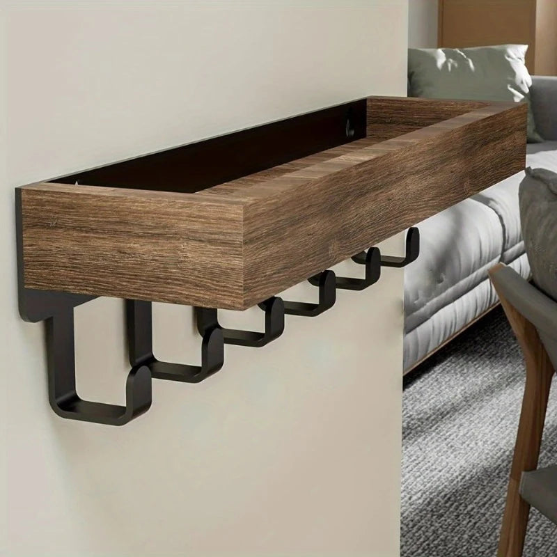 Rustic Wooden Floating Shelf with 6 Hooks Shower Caddy and Key Holder Nordic Style Storage Organizer for Home Bedroom Bathroom
