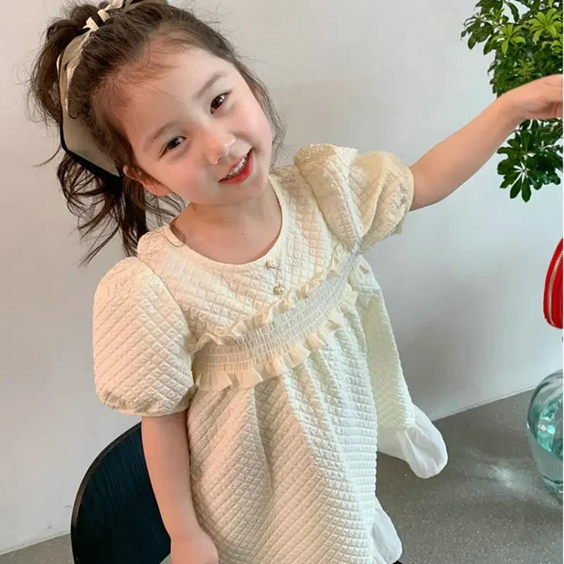 Girls Fashion Pink Princess Dress Kids Summer Puff Sleeve Casual Dresses Children Korean Style Mesh Clothing Gift Lolita Dress