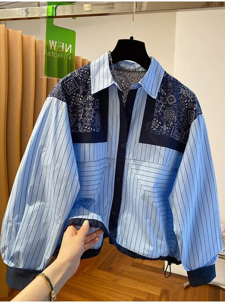 Chic Design Striped Long Sleeved Shirt Spring Autumn New Casual Retro Loose Shirts Versatile Women Fashion Tops