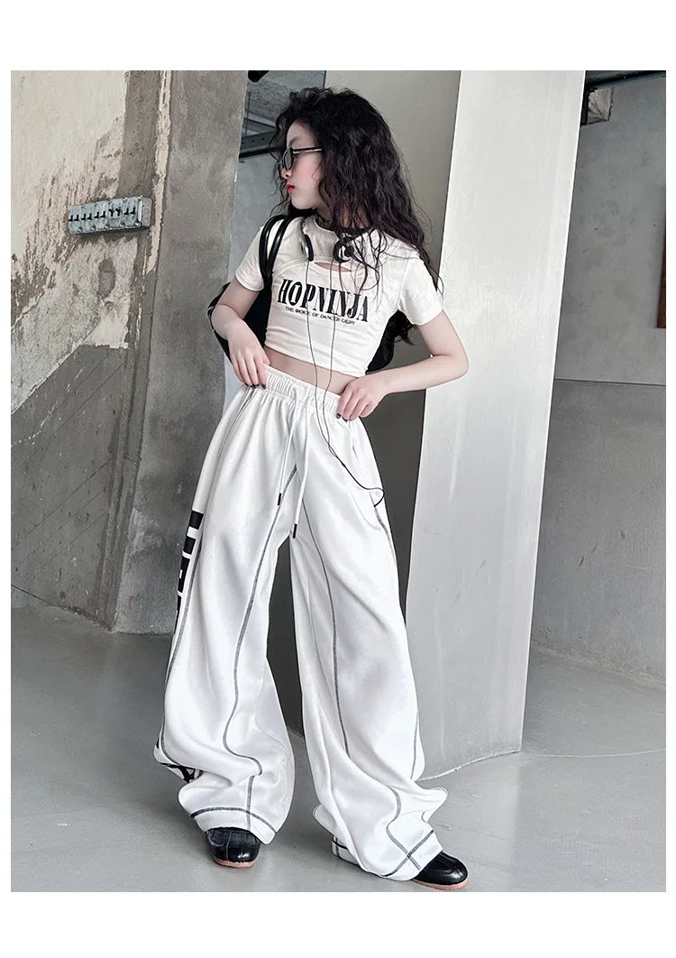 Summer teen girl Hip Hop Jazz Street Dance Costume Suit Cool Print Hollow Short T-shirt+Casual Sports Pants Set Child Outfits