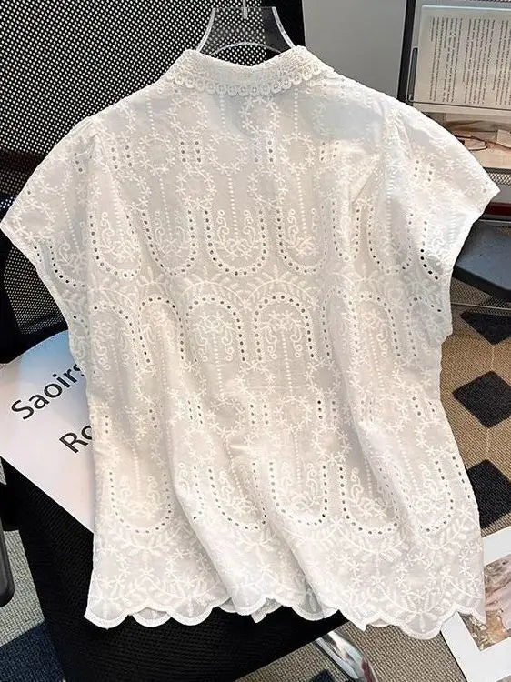 Elegant European Summer 2025 New Design Sense Small Hollow out Embroidery  Collar Top Versatile Match Korean Style Loose Fit