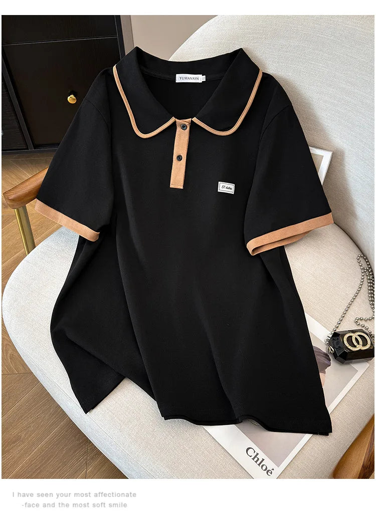 175Kg Plus Size Women's Bust 170 Summer Loose Lapel Top Short Sleeve T-Shirt Black White 6XL 7XL 8XL 9XL 10XL 11xl