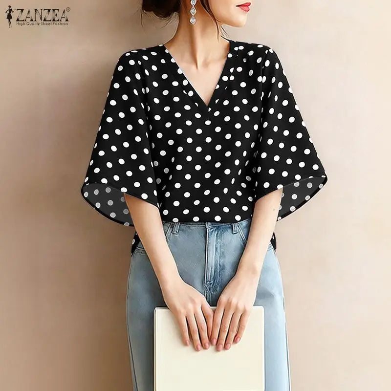 ZANZEA Elegant Woman Polka Dot Blouses Vintage V-Neck Half Bell Sleeves Loose Tops 2026 Summer Vacation Casual Blusas de Mujer