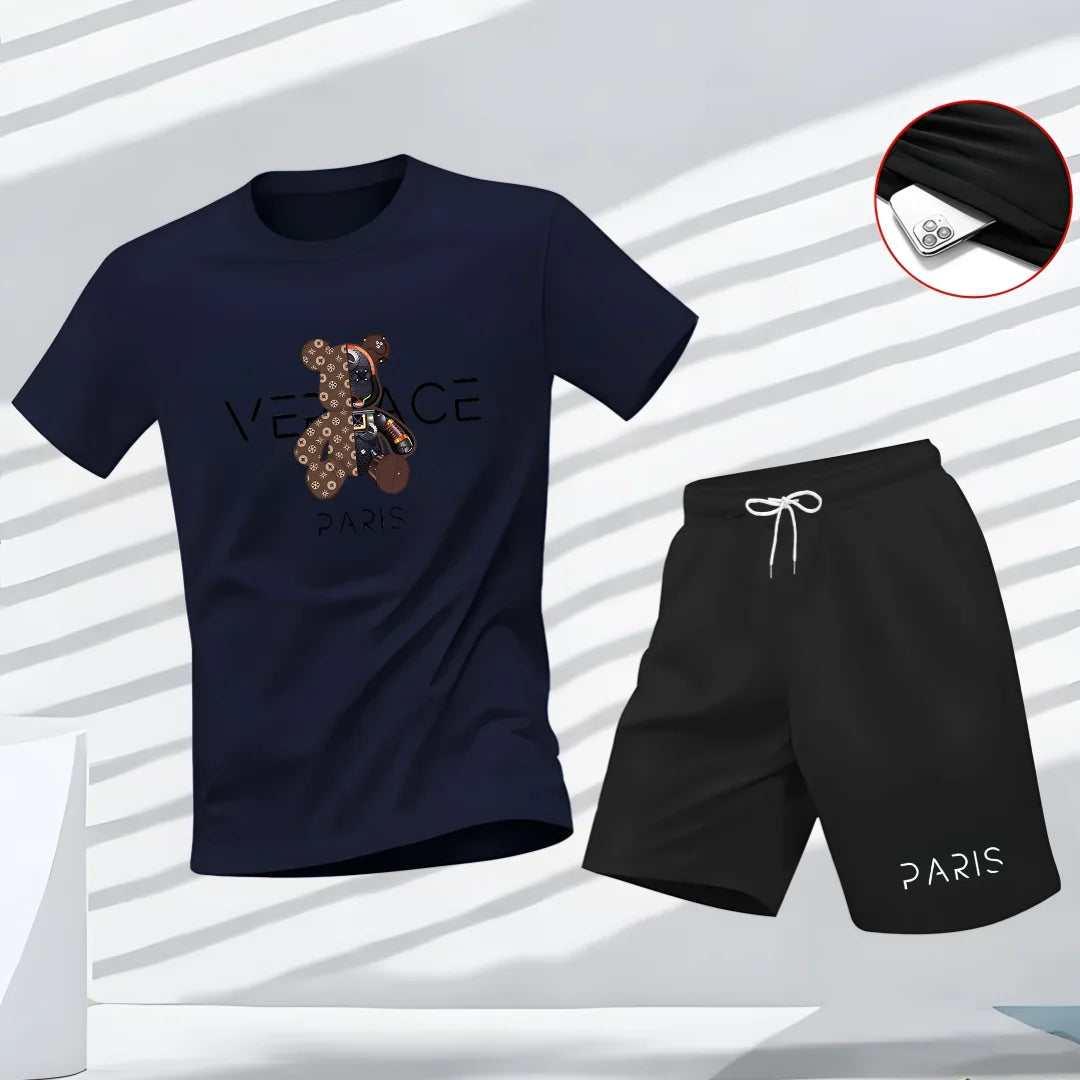 Men's 2-Piece Luxury Bear Print T-Shirt Shorts Set Casual Summer Tracksuit Breathable Short Sleeve T Black Shorts for Streetwear