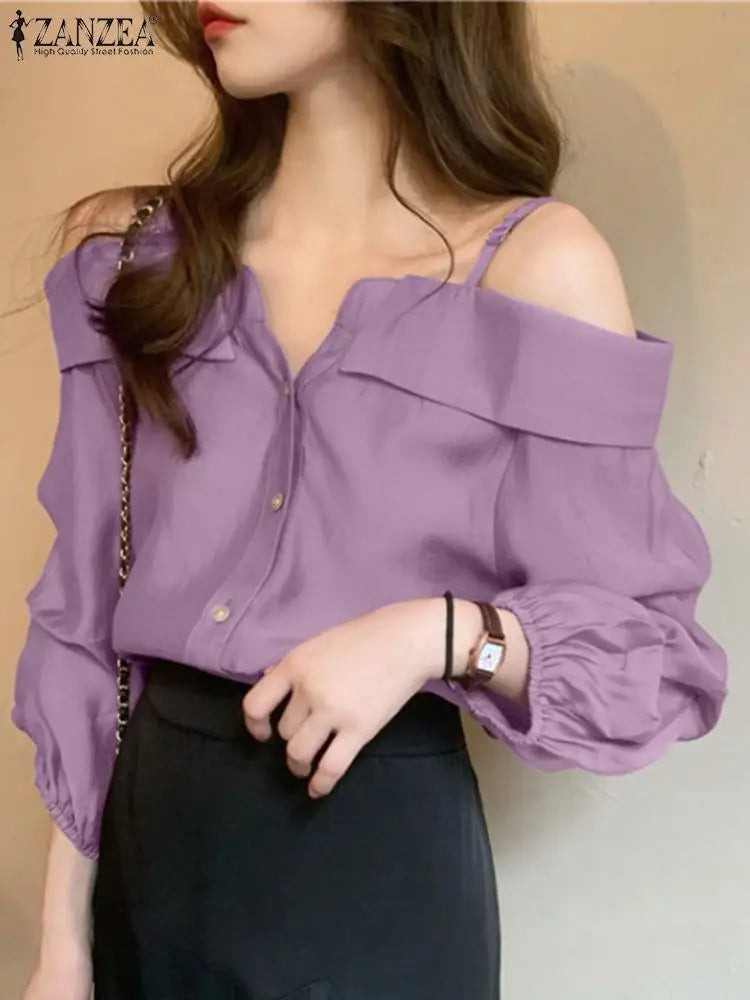 ZANZEA 2025 Fashion Shirts Women Sexy Off Shoulder Blouse Summer Casual Straps Button Tops Long Sleeve Pleated Solid Loose Tunic