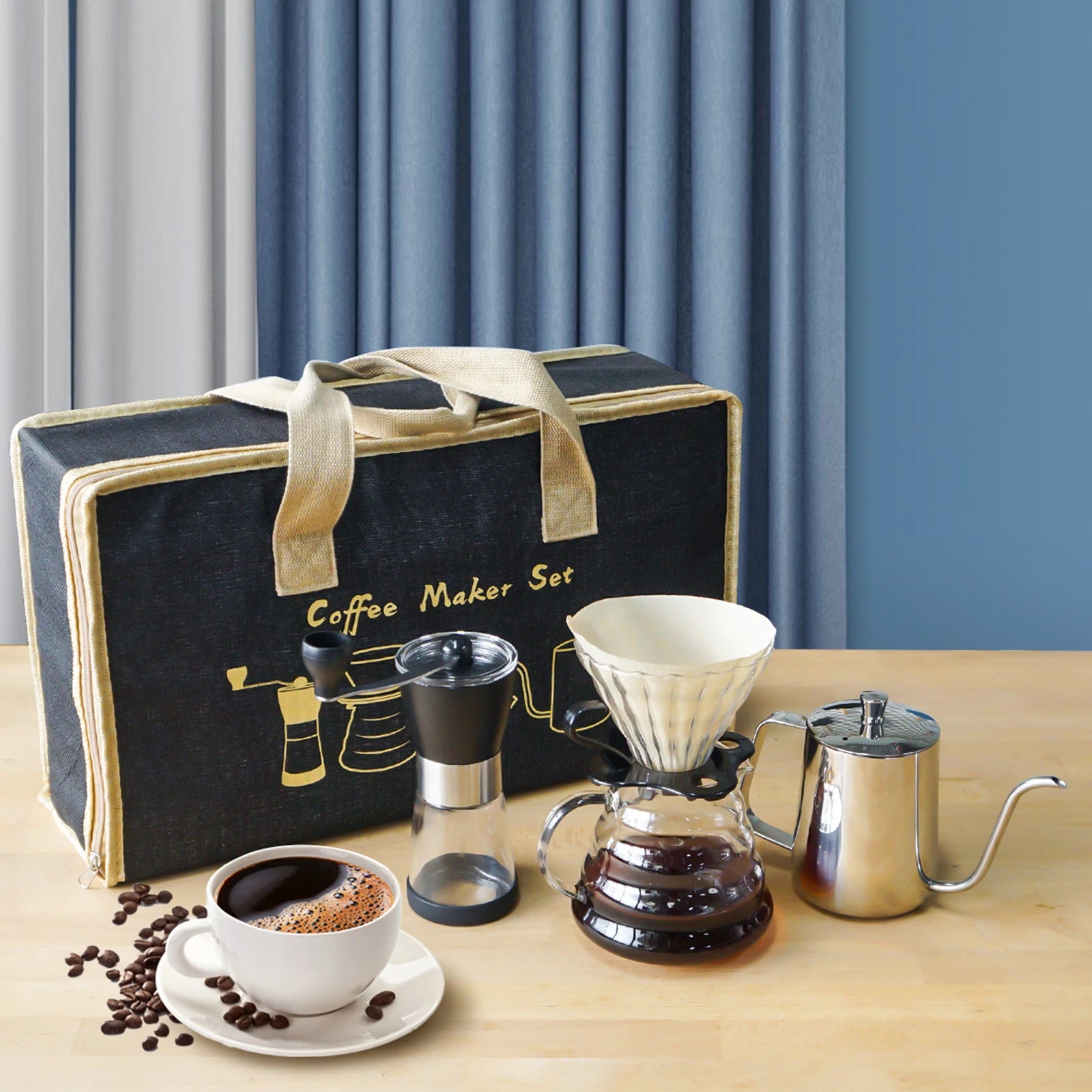 Complete Manual Pour Over Coffee Set V Shape Glass Dripper 600ml Gooseneck Kettle Kit Portable Coffee Travel Bag Barista Gift