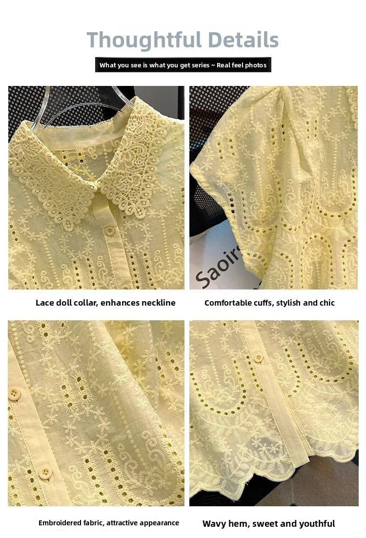 Elegant European Summer 2025 New Design Sense Small Hollow out Embroidery  Collar Top Versatile Match Korean Style Loose Fit