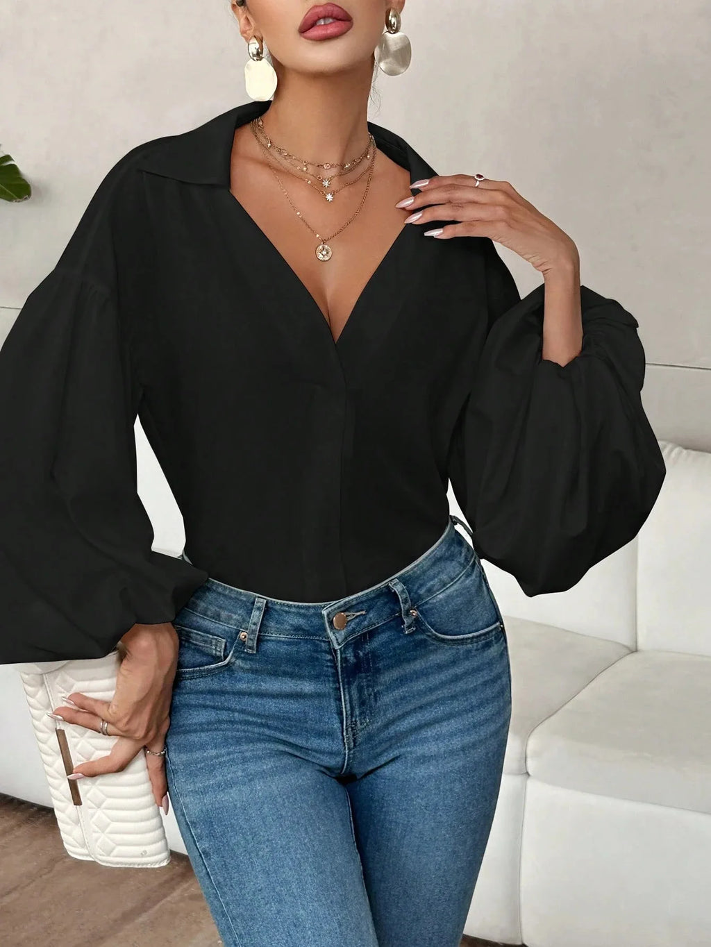 Boho Women's Blouses Spring Fall New Fashion French Polka Dot Half-neck Design Loose Puff Long-sleeve Top Casual Shirts Women