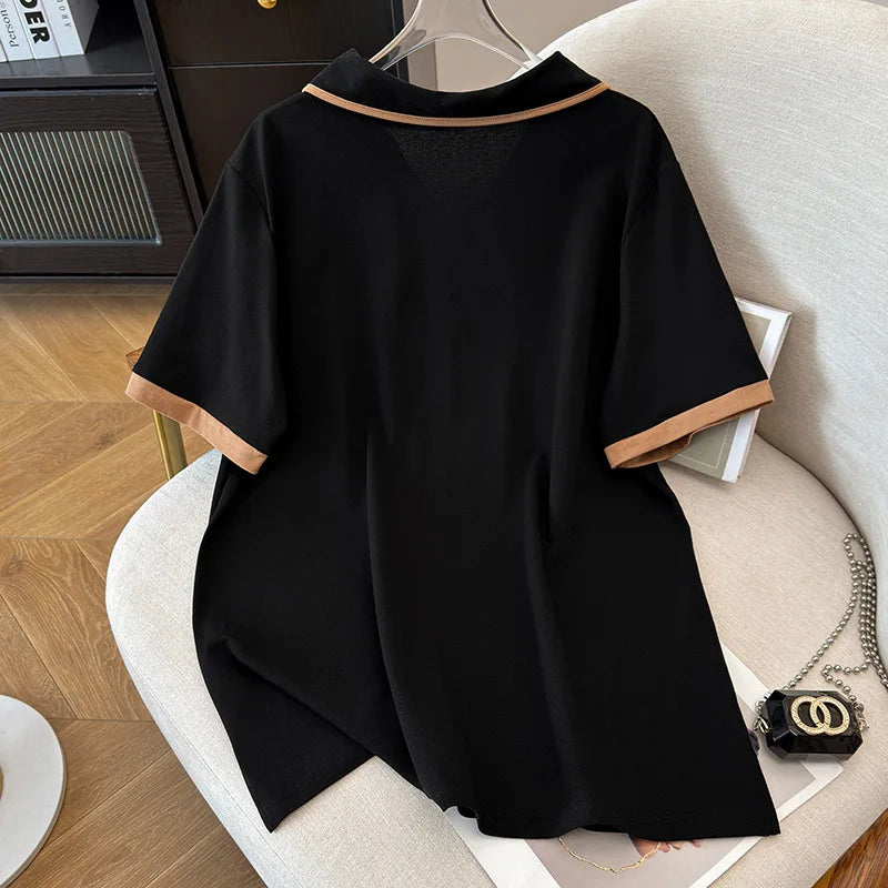 175Kg Plus Size Women's Bust 170 Summer Loose Lapel Top Short Sleeve T-Shirt Black White 6XL 7XL 8XL 9XL 10XL 11xl