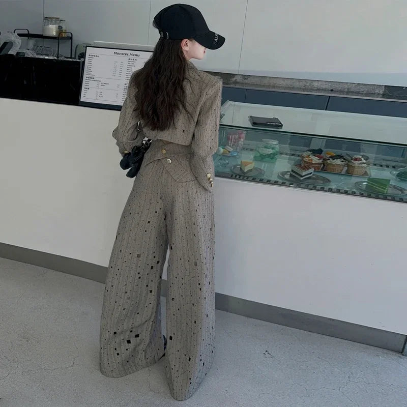 chic teenage girls clothes set Design short suit jacket+Customized ripped wide leg pants 2pcs junior kids suit child outfits 12