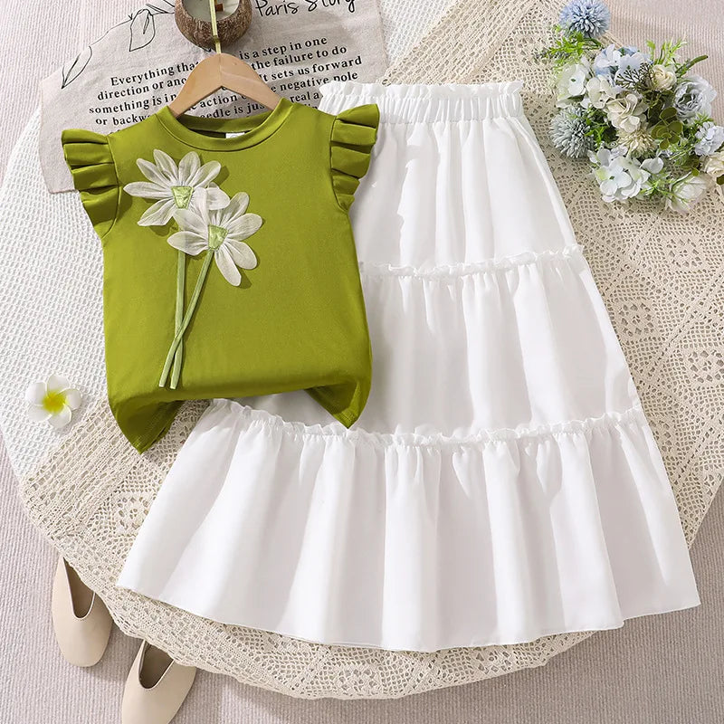 Girls' Outfit summer new style children's stylish three-dimensional flower flying sleeve top half skirt two-piece set