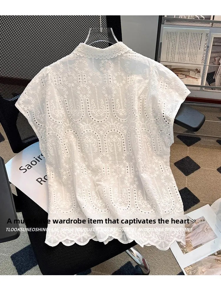 Elegant European Summer 2025 New Design Sense Small Hollow out Embroidery  Collar Top Versatile Match Korean Style Loose Fit