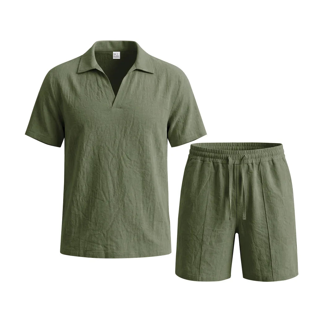2 Pcs Sets Men's Summer Linen Polo and Shorts Simple Casual Beach Clothing Set Shirts Comfortable Hawaii Wear