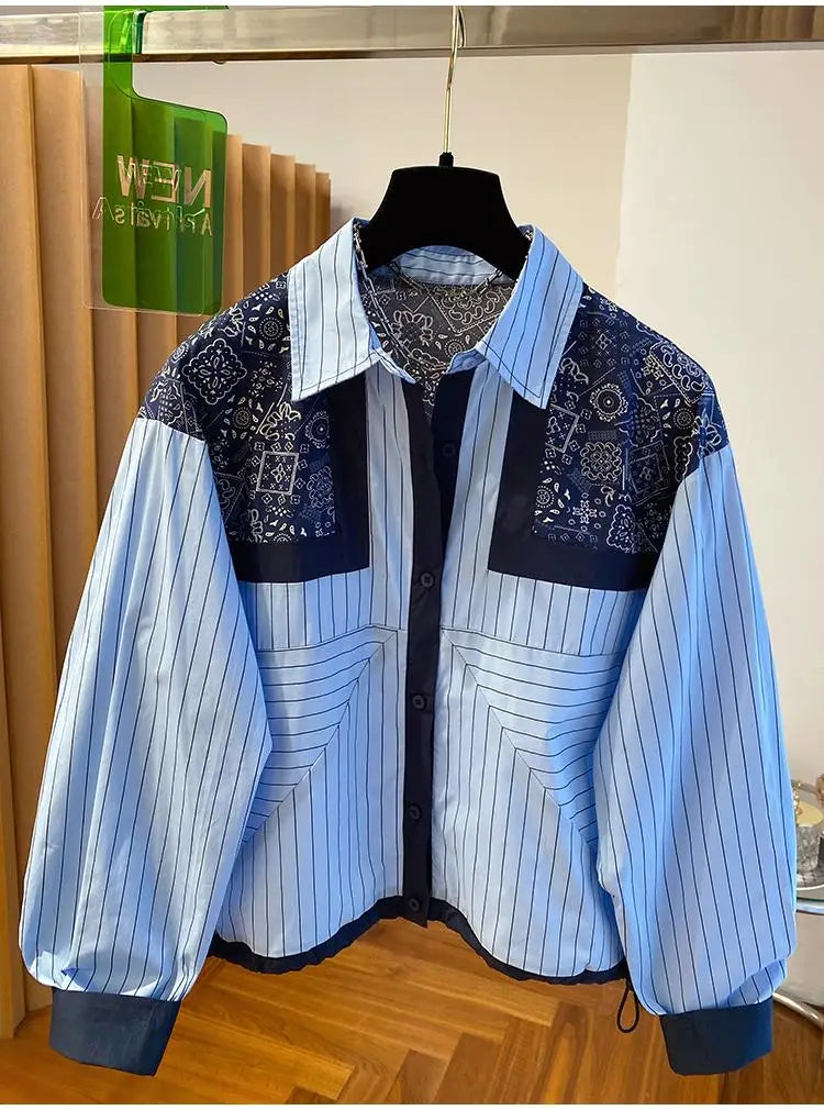 Chic Design Striped Long Sleeved Shirt Spring Autumn New Casual Retro Loose Shirts Versatile Women Fashion Tops