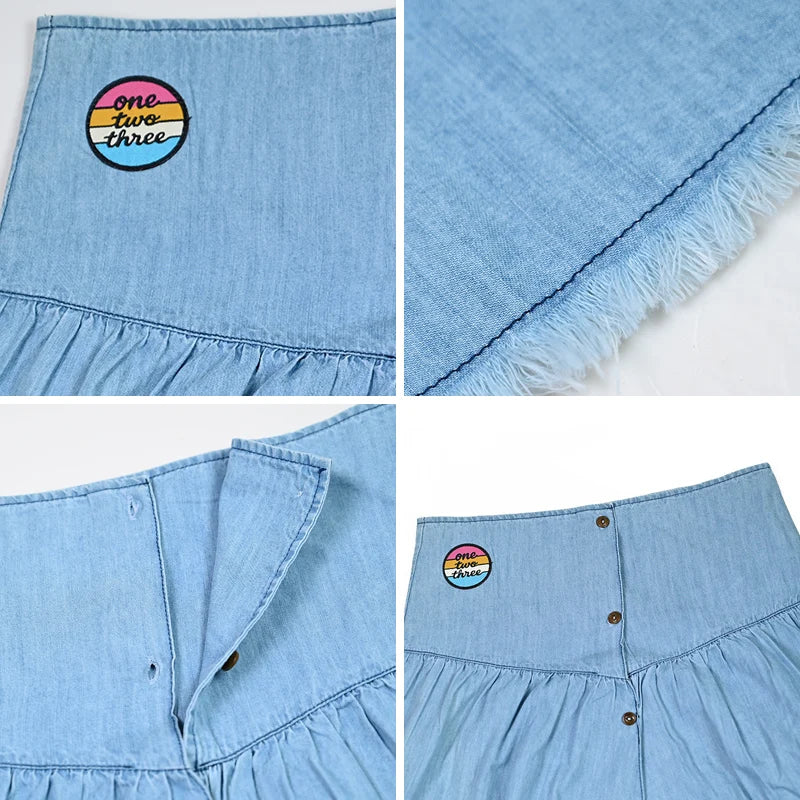 Summer kids clothes denim blue boy and girl dress t-shirt top set baby romper skirt colorful embroidery stripes children outfit