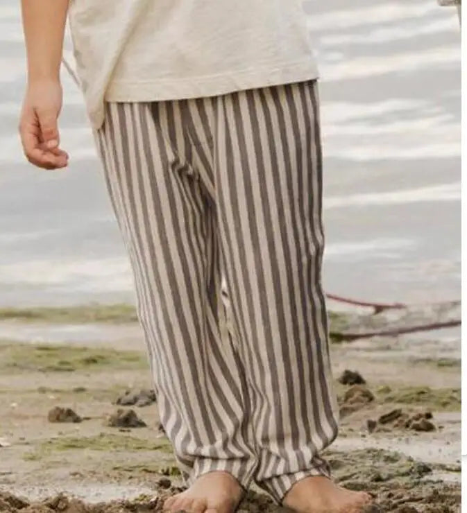 Spring Summer Boys Striped Loose Pants Baby Girl Vintage Casual Linen Cotton Harlan Pants Kids Lace-up Pant Children Clothing