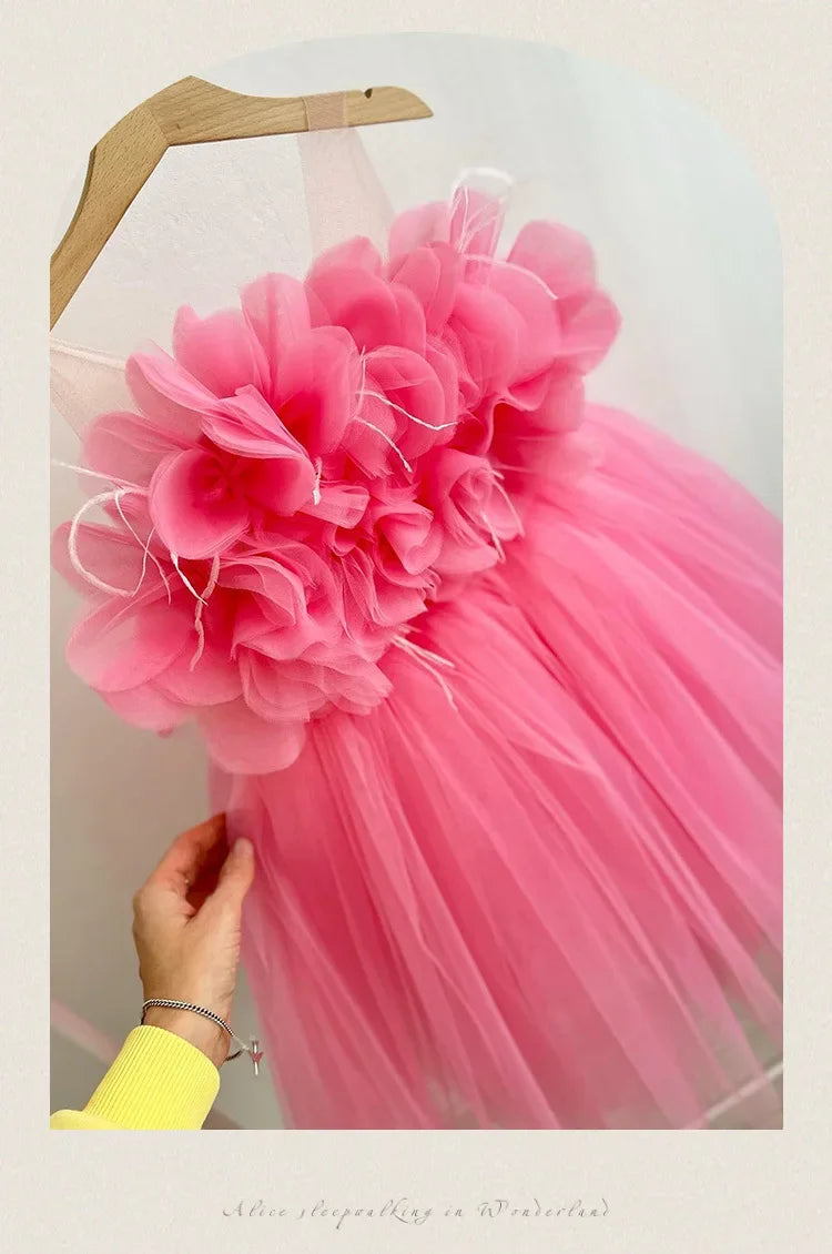 Girl Clothes Children's Flower Dress Wedding Princess Dresses Little Girls Pink Blue Strap Tulle Tutu Skirt Purple Spaghetti