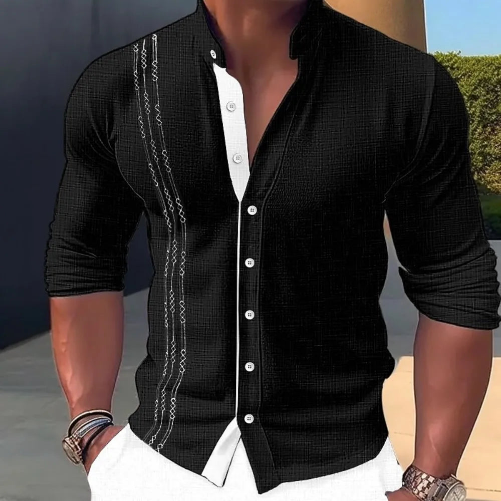 Men's linen casual shirt, loose fit, fashionable, high collar, suitable for summer wear, high collar cardigan, long sleeved, mad