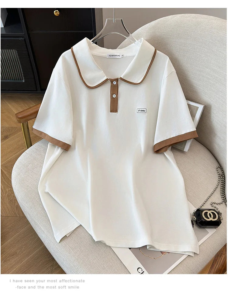 175Kg Plus Size Women's Bust 170 Summer Loose Lapel Top Short Sleeve T-Shirt Black White 6XL 7XL 8XL 9XL 10XL 11xl