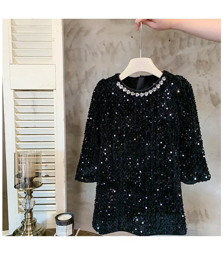 Girls' Dress Winter New Foreign Style Girls Velvet Princess Dress Children's Fashionable Sequined Heavy Industry Dress
