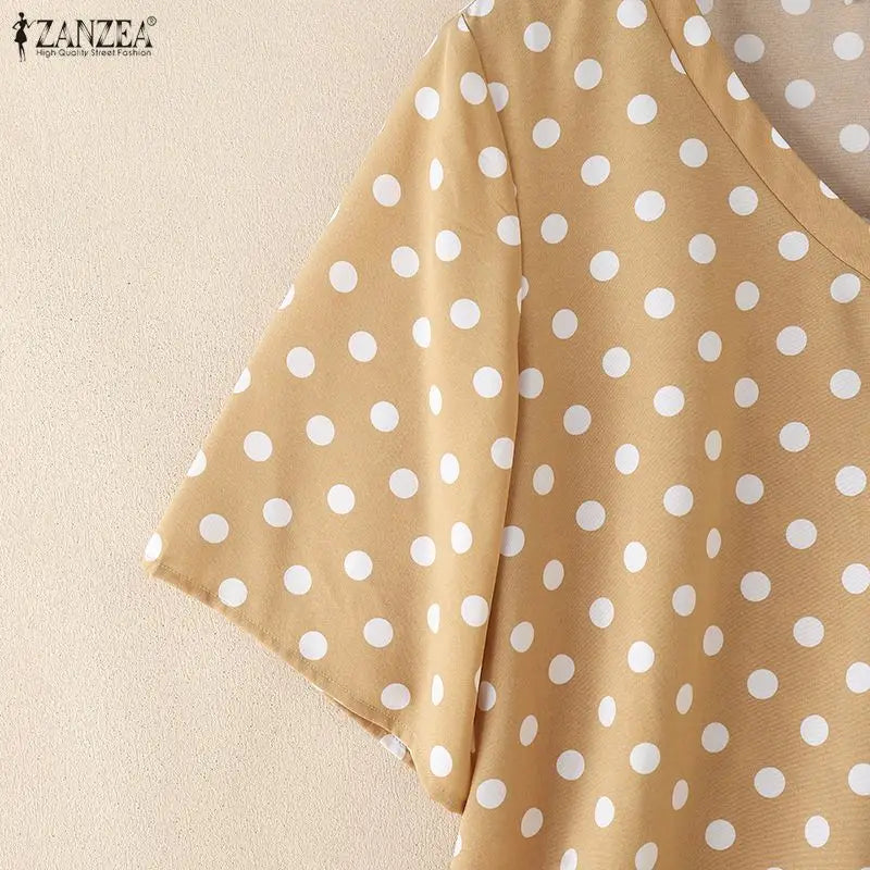 ZANZEA Elegant Woman Polka Dot Blouses Vintage V-Neck Half Bell Sleeves Loose Tops 2026 Summer Vacation Casual Blusas de Mujer