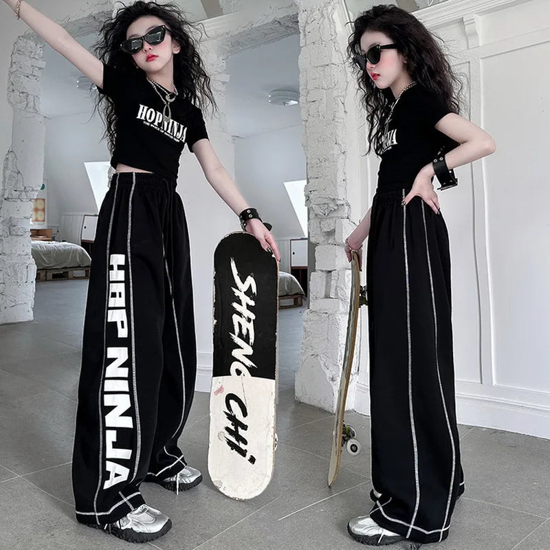 Summer teen girl Hip Hop Jazz Street Dance Costume Suit Cool Print Hollow Short T-shirt+Casual Sports Pants Set Child Outfits