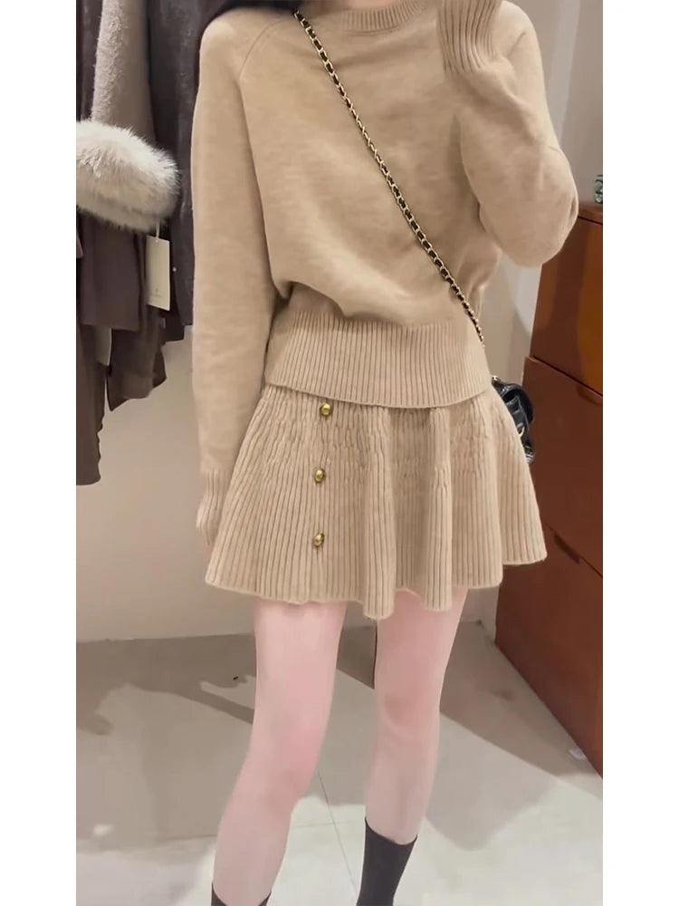 Women's Loose Knitted Sweater High Waist A-Line  Skirt Set round Neck Long Sleeve Fashionable Autumn Winter Ensemble