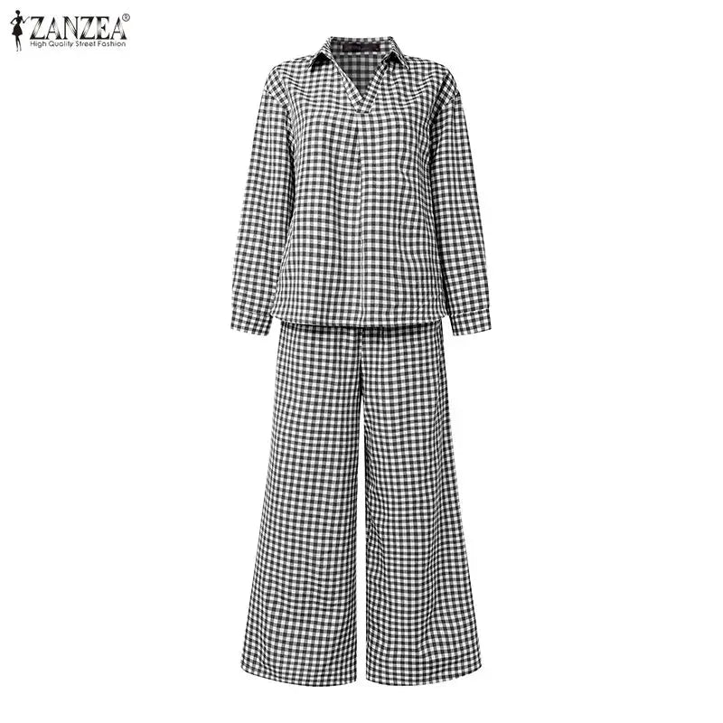 ZANZEA Women's Gingham Pant Suits Collared Long Sleeve High-Low Blouse & Wide Leg Pant 2 Pieces Sets Streetwear Casual Outfits