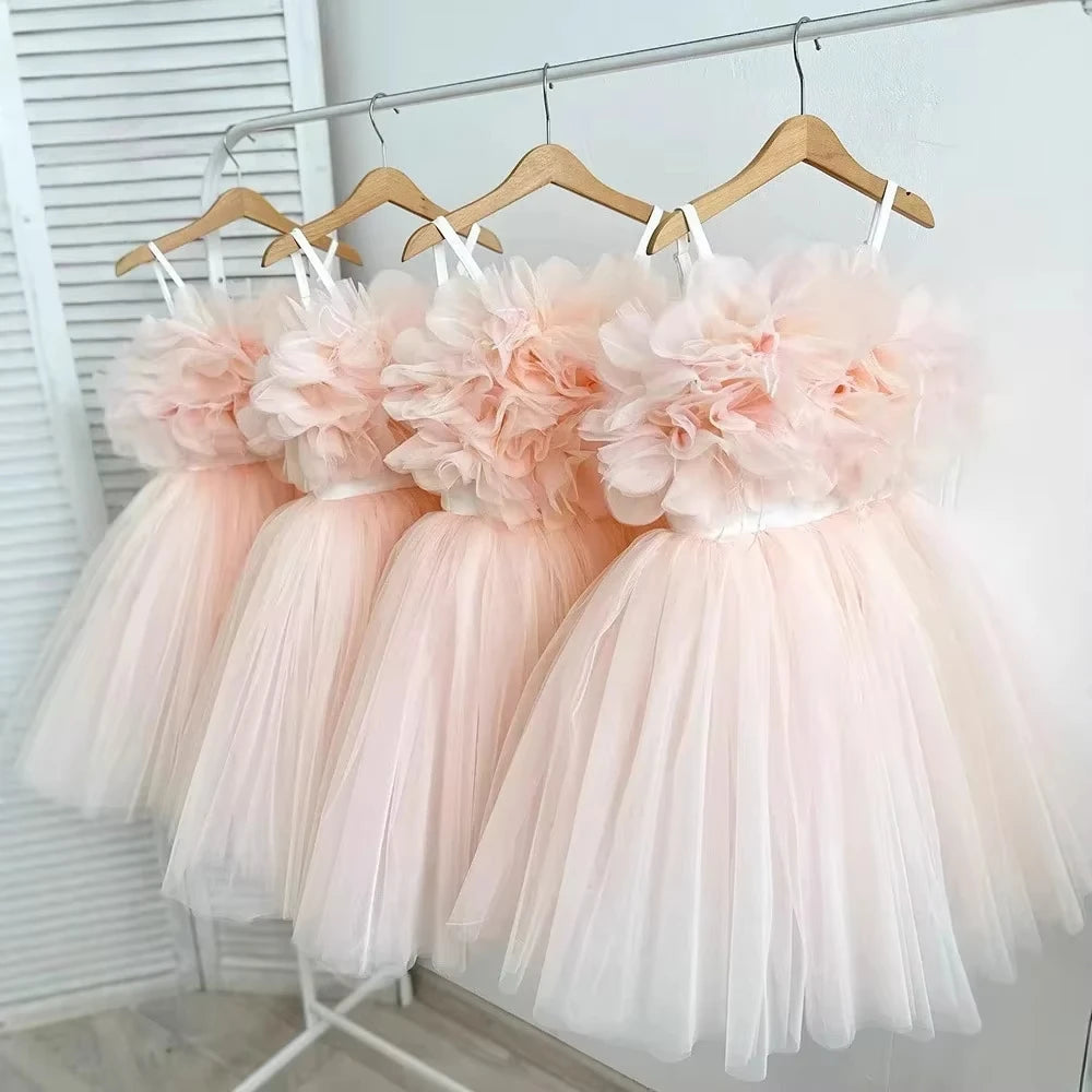 Girl Clothes Children's Flower Dress Wedding Princess Dresses Little Girls Pink Blue Strap Tulle Tutu Skirt Purple Spaghetti