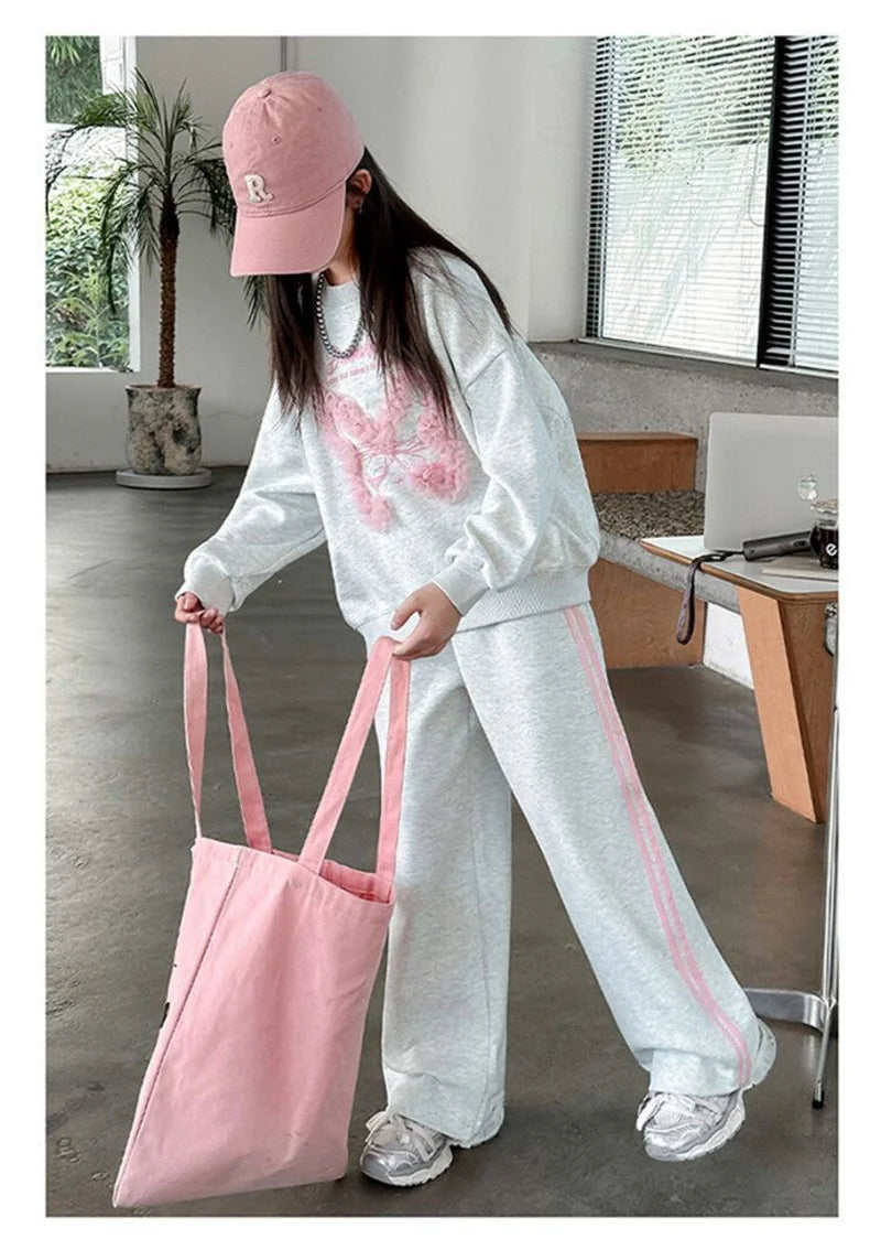 New Girls Tracksuit Sets Autumn Spring Kids Lace Butterfly Sweatshirt+Pants 2Pcs Teen Loose Sports Suits Children Casual Outfits