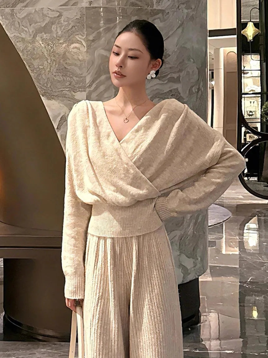 Elegant Autumn Winter Women's Outfit High Waist Wide Leg Pants V-Neck Long Sleeve Fashion Set Korean Style Casual Wear