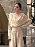 Elegant Autumn Winter Women's Outfit High Waist Wide Leg Pants V-Neck Long Sleeve Fashion Set Korean Style Casual Wear