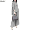 ZANZEA Women's Gingham Pant Suits Collared Long Sleeve High-Low Blouse & Wide Leg Pant 2 Pieces Sets Streetwear Casual Outfits