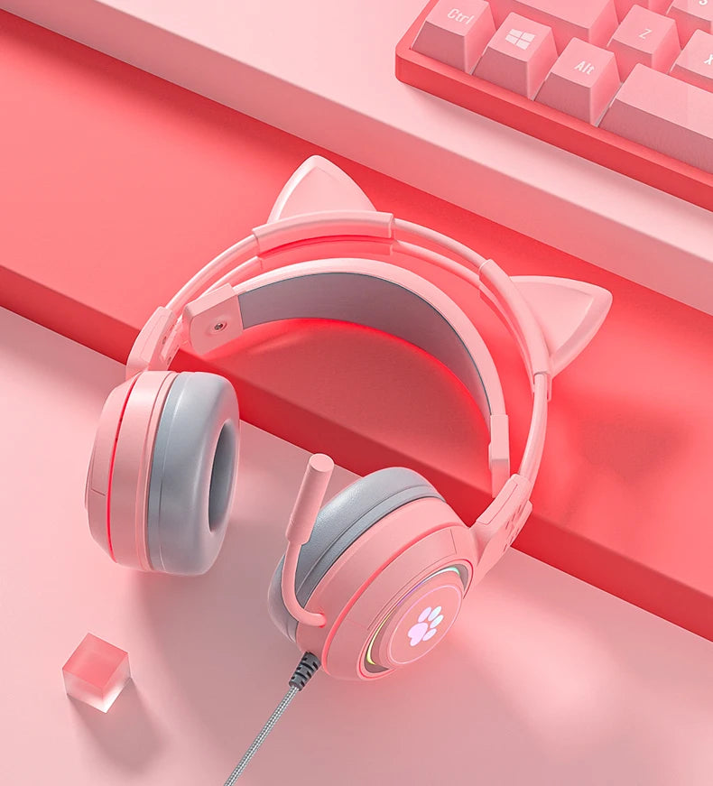 pink Gaming Headset for PC, PS4, PS5, Laptop 3.5mm Noise Reduction with Mic Noise Cancelling, LED Light for Girls, Women