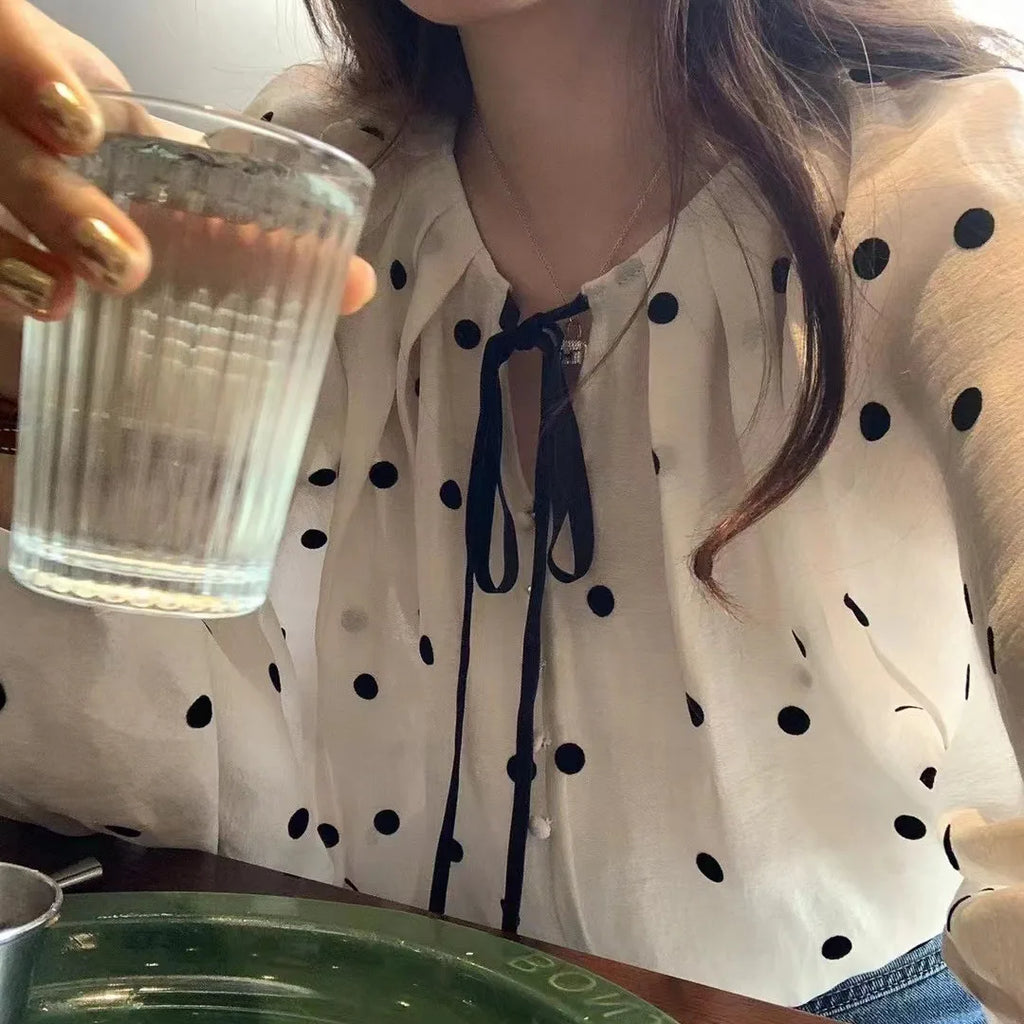 Sweet French Style Polka Dot Bubble Sleeve Sun Protection Shirt Women Spring Summer Fashion Anti Aging Doll Top Silk Blouse