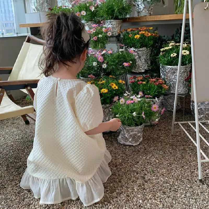 Girls Fashion Pink Princess Dress Kids Summer Puff Sleeve Casual Dresses Children Korean Style Mesh Clothing Gift Lolita Dress