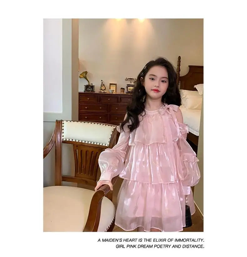 2025 Summer New Girls Dress Pink Off Shoulder Long Sleeve Halterneck Princess Dress For 2-10 Years Teen Girls Grace Fashion Dres