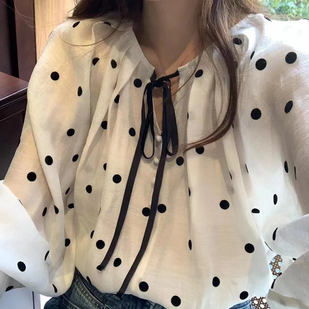 Sweet French Style Polka Dot Bubble Sleeve Sun Protection Shirt Women Spring Summer Fashion Anti Aging Doll Top Silk Blouse