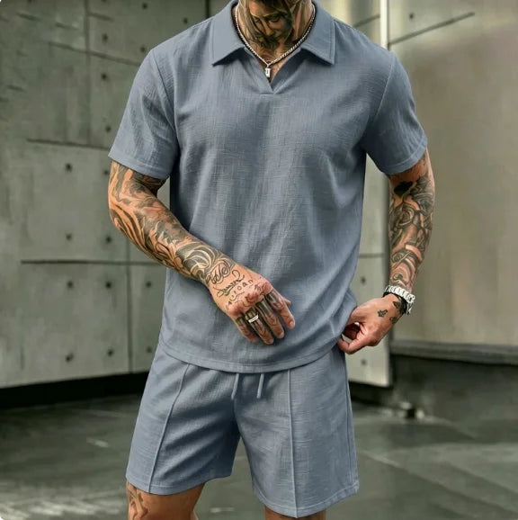 2 Pcs Sets Men's Summer Linen Polo and Shorts Simple Casual Beach Clothing Set Shirts Comfortable Hawaii Wear