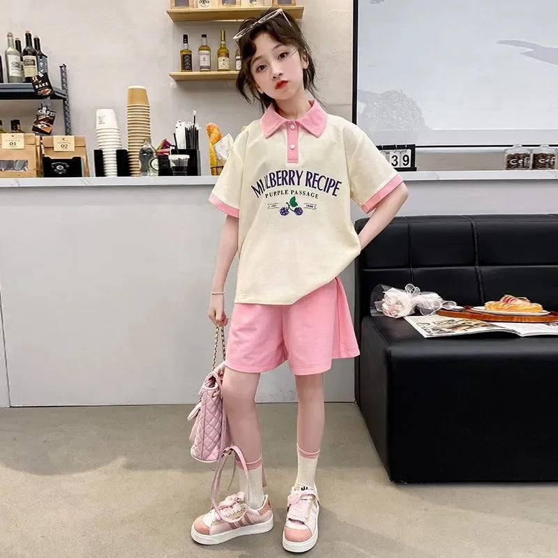 Summer Teenage Girls Clothes Set Children O-Neck Tshirt and Pleats Skirts Suit Student School Short Sleeve Tee Bottom Outfits