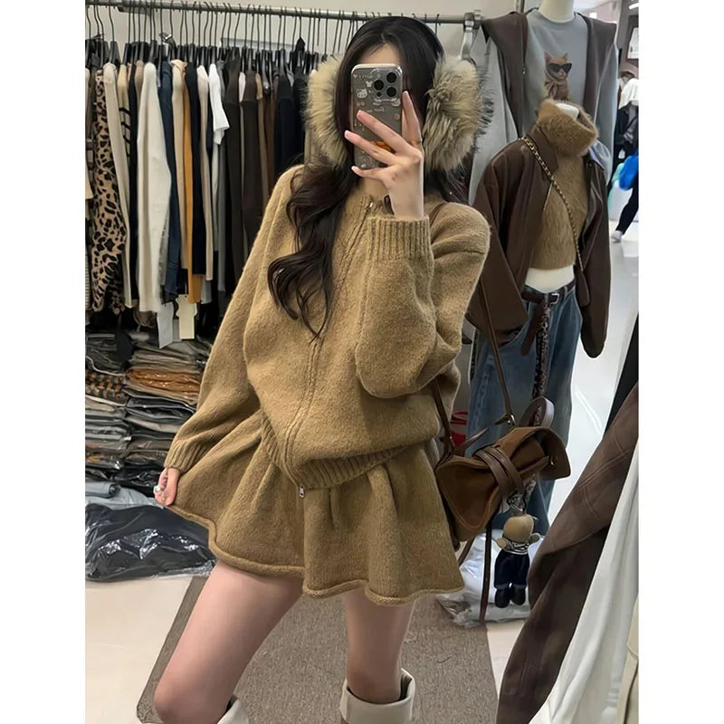 Korean Style Women's Knitted Cardigan And Short Skirt Two-Piece Set Warm And Fashionable Autumn Winter Outfit High Waist Skirt