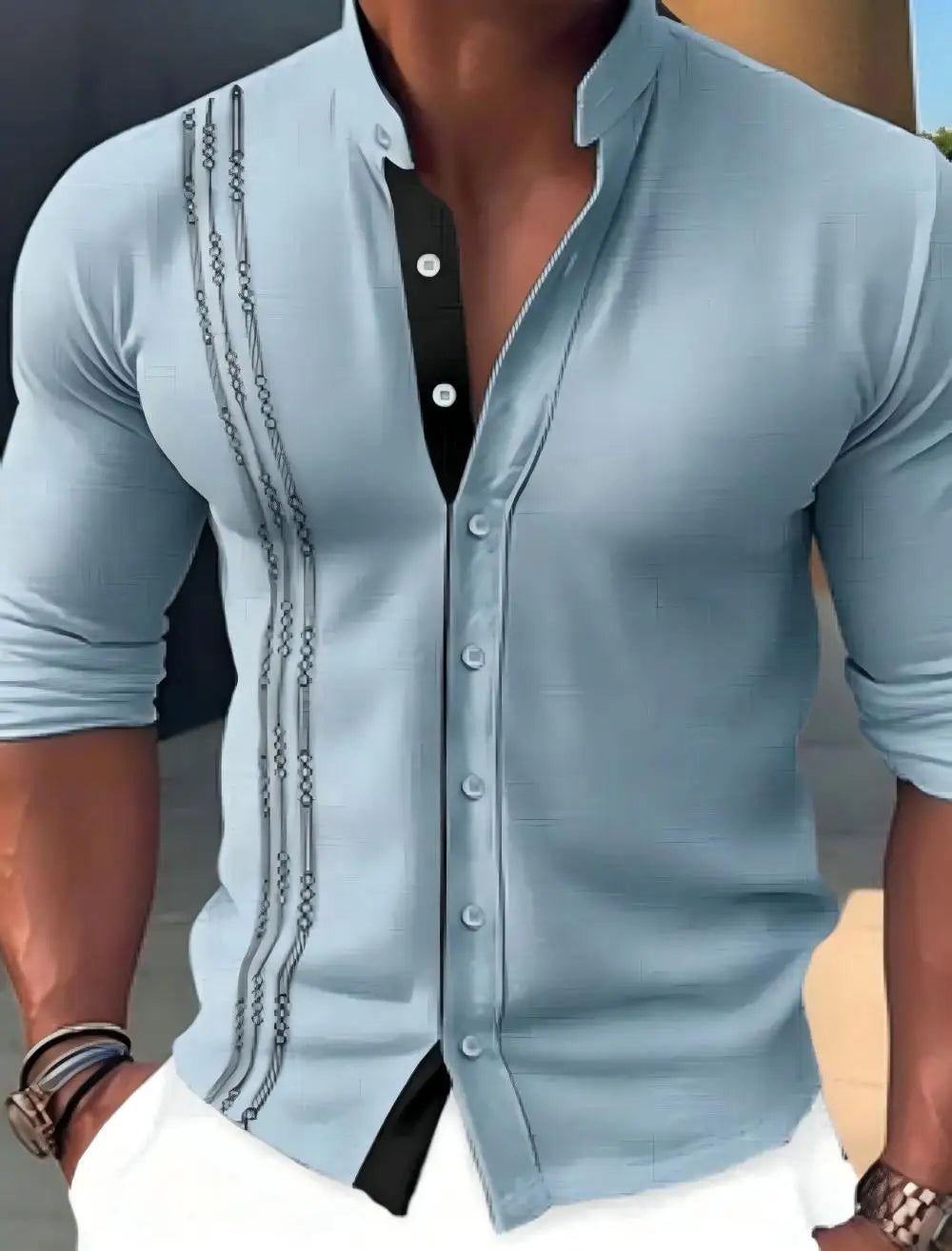 Men's linen casual shirt, loose fit, fashionable, high collar, suitable for summer wear, high collar cardigan, long sleeved, mad
